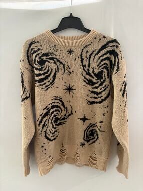 Galaxy Swirl Distressed Knit Sweater Men's M Unisex Tan Black Grunge Y2K